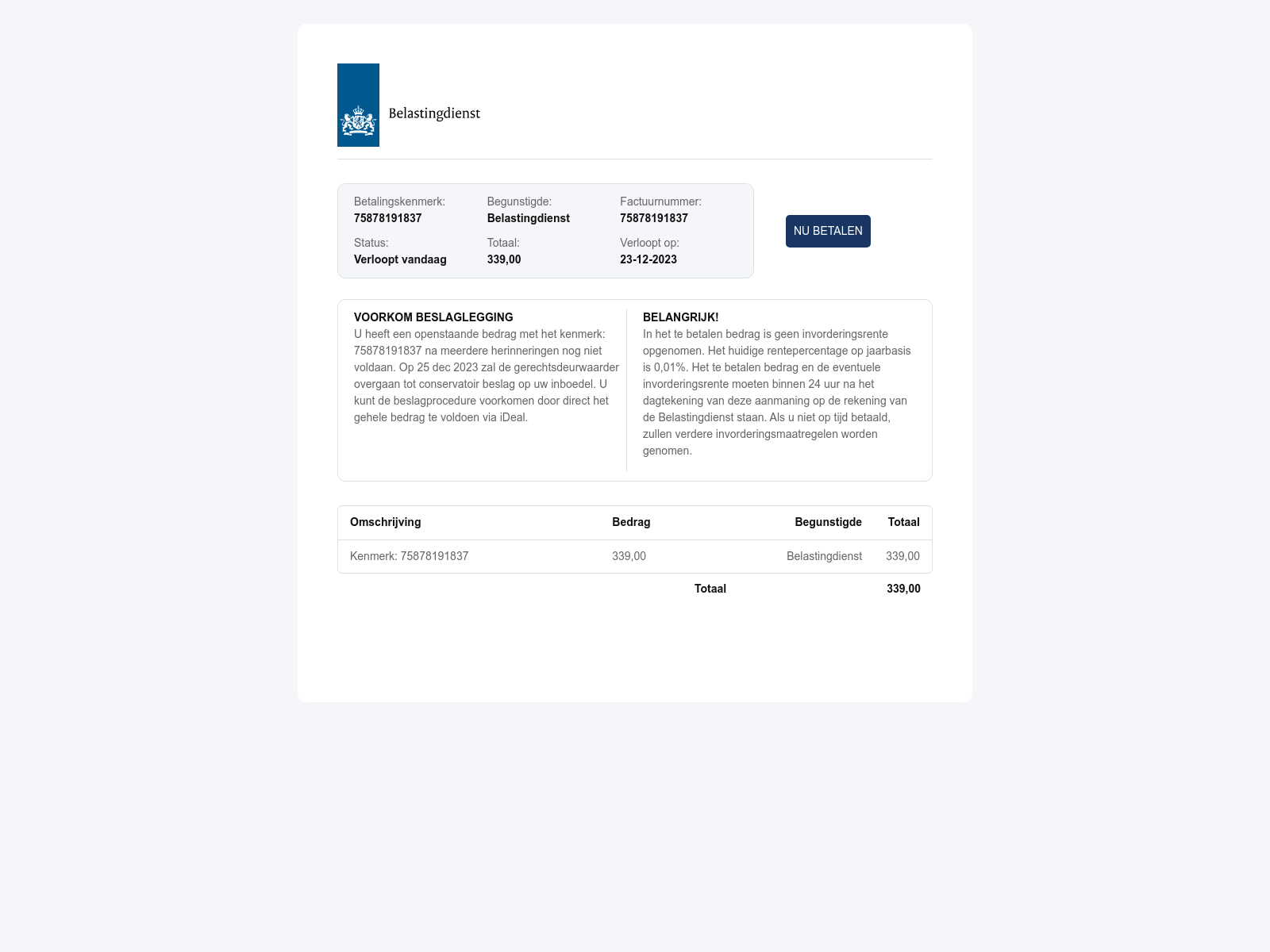 Belastingdienst-style phishing page presenting the iDEAL link as a small tax payment